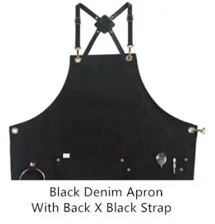 BlackDenimBlackXStra Черный серый джинсовый фартук с кожаным ремешком для парикмахера, парикмахера, художника, флориста, рабочая одежда бариста, бармена, пекаря, барбекю, шеф-повара, униформа K37 - Цвет: BlackDenimBlackXStra