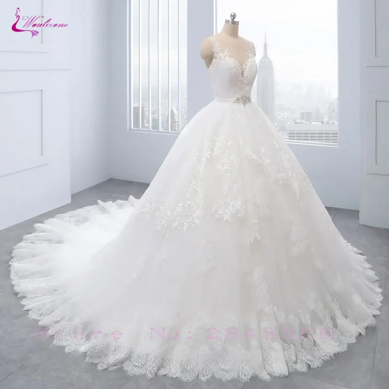 Waulizane Charming Silky Tulle Scoop Ball Gown Wedding Dresses Shiny Beading Sashes With Button Sleeveless Princess Bride Dress | Свадьбы и
