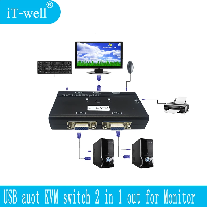 IT-well KVM переключатель 2 порта Авто VGA переключатель с USB консолью 1 комплект управления клавиатурой мыши 2 компьютера хосты с kvm-кабель