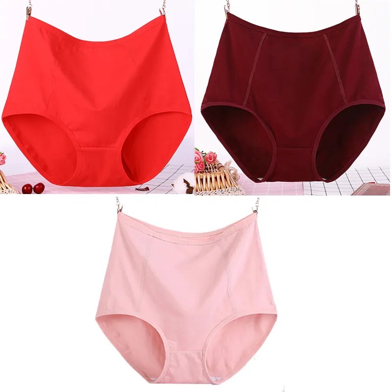 Pink red win red 3 шт./лот, большие размеры, XL-6XL, сексуальные, высокая талия, женские хлопковые Однотонные трусы, трусы-плавки из дышащей ткани, нижнее белье, трусики - Цвет: Pink red win red