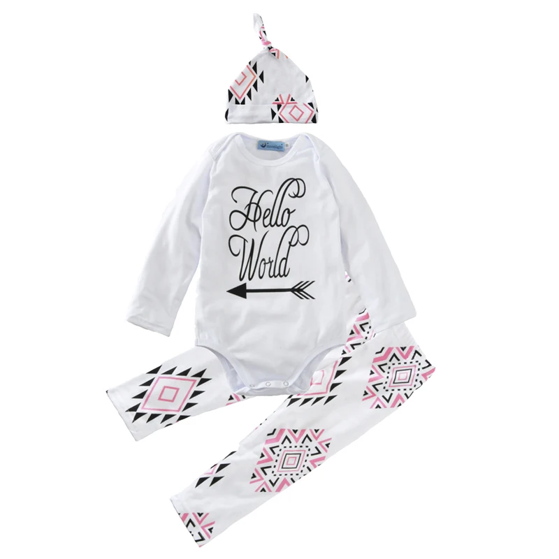 

Spring Infant Baby Clothing Set 2017 Letter Romper+Print Pants+Geometry Cap 3pcs Baby Infant Set Spring Newborn Set For Girl Boy