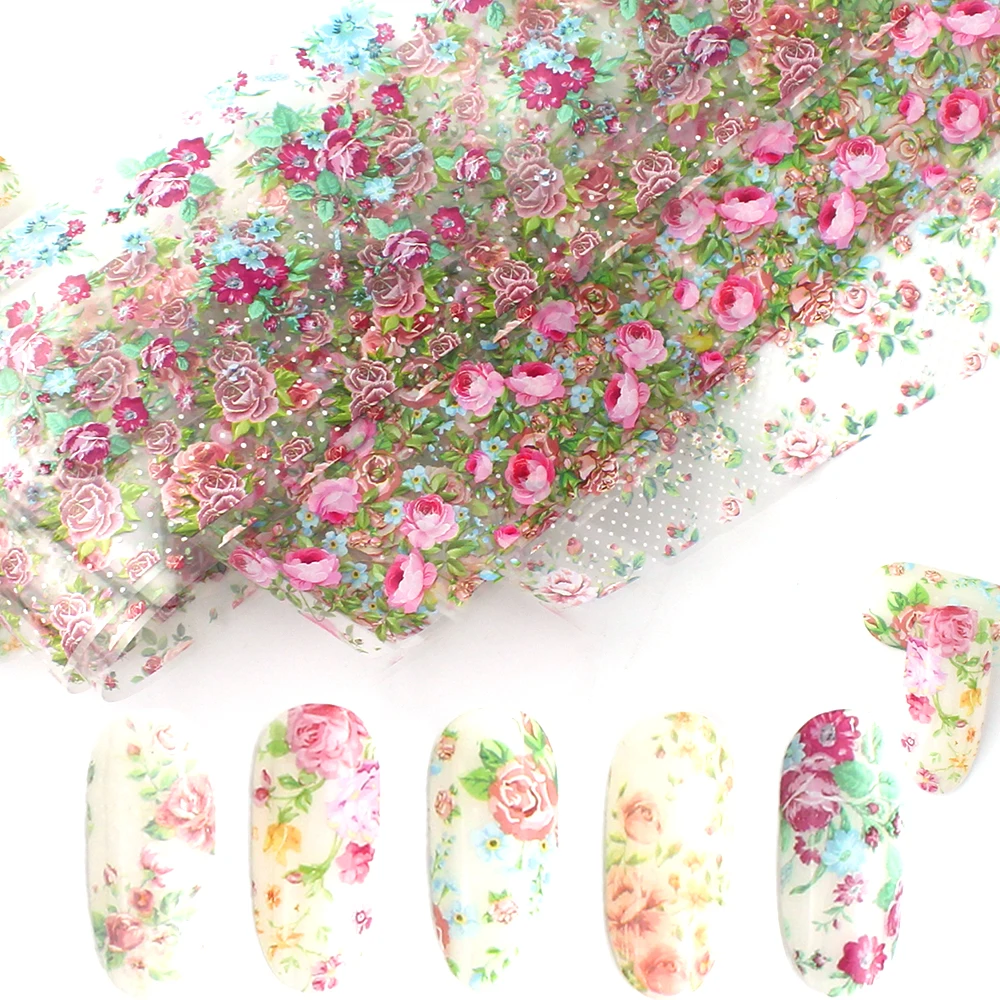 10pcs Rose Flowers Designs Transfer Foil Nail Foil for Manicure Sliders Nail Stickers Adhesive Nail art Decoration wraps