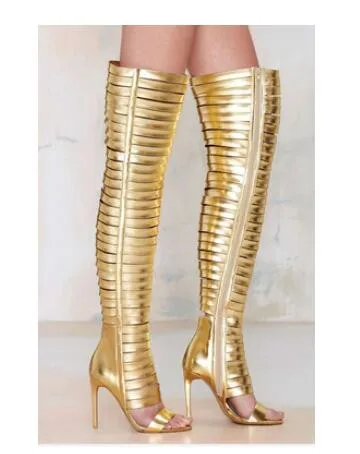 

New Arrivals Autumn Summer Golden Black Sexy Lady Over the Knee High Heels Sandal Boots Cut Out Peep Toe Boots Free Shipping