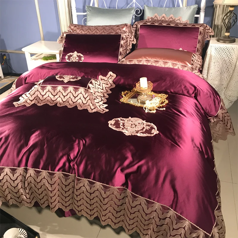 

luxury Wedding 120S Egyptian cotton Purple Embroidery Bedding sets Queen King Lace Duvet cover Bed sheet set Pillowcases 4/6pcs
