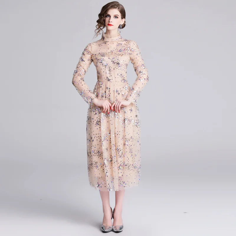 S-XXL, дизайнерское женское платье, бальное платье, цветное, звездный узор, бисероплетение, черное, бежевое платье, гофрированное, стоячий воротник, длина до середины икры, милое платье