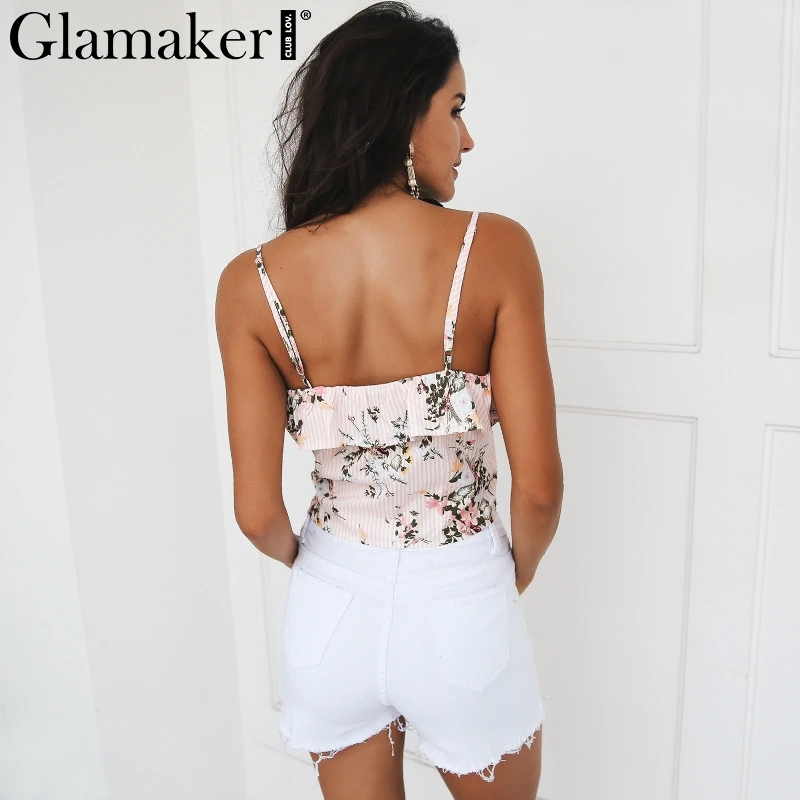 Glamaker, летняя женская майка с цветочным принтом и рюшами, розовая Полосатая майка, майка, футболки, богемная пляжная рубашка без рукавов, топ на бретельках