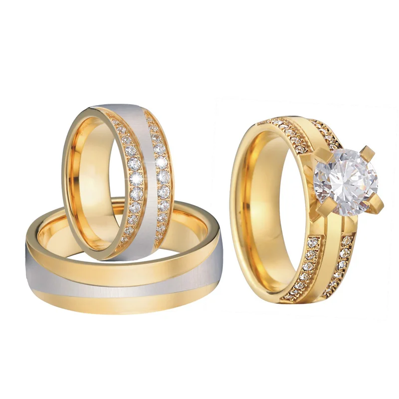 

3 pcs Golden Lovers Alliance engagement Wedding rings set for men and women couple jewelry marriage ring anniversary gift