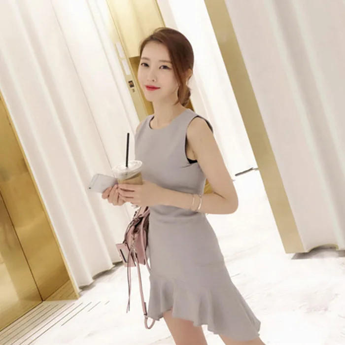 2018 однотонное мини платье русалки женское летнее серое элегантное офисное без
