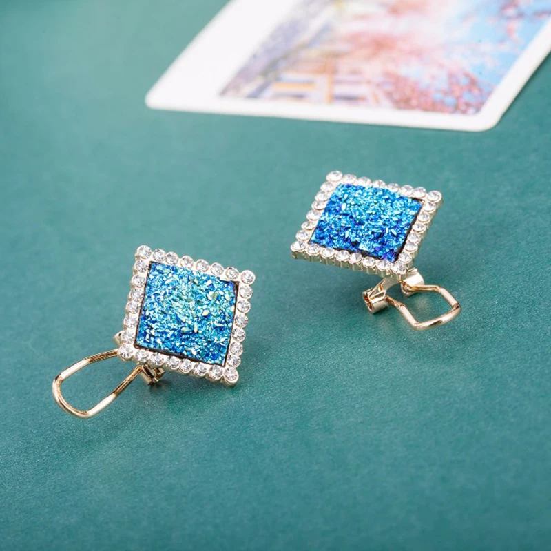 2017 Blue Clip Earring With Luxurious Wedding Square Stage Small Crystal Earrings For Women's Gift | Украшения и аксессуары