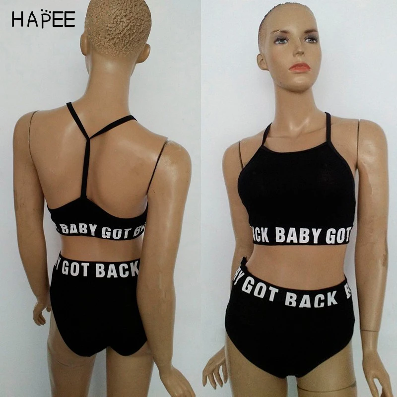 Черно-белой печати Белый Письмо Комплект Бикини 2017 Высокая Талия Женщины Холтер