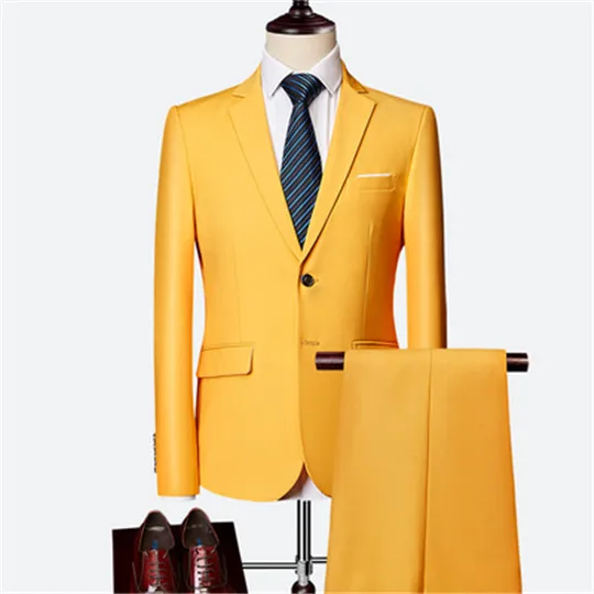 2 pcs set yellow Пиджак+ брюки+ жилет/ новые мужские деловые облегающие костюмы, свадебные костюмы, костюм из трех предметов, блейзеры, пальто, брюки, жилет - Цвет: 2 pcs set yellow