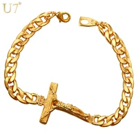 u7 cross bracelet men jewelry silvergold color 21cm inri crucifix jesus piece cuban link hand chain bangle christmas gift h894