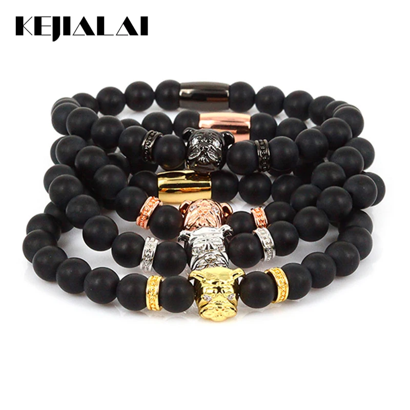 KEJIALAI Lucky Gem 2018 Fashion Men Jewelry Bulldog Charm Bracelet Women 8mm Black Stone Beads Pulseras Masculina Mantra Prayer | Украшения