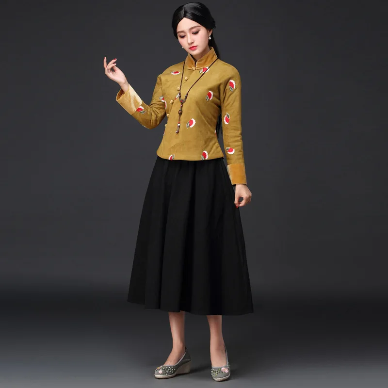 Billig Sehen Orange Warme Winter Wildleder Chinesischen Parkas Tops Dick Chinesischen Traditionellen Tang-anzug Kurzmantel SO2669