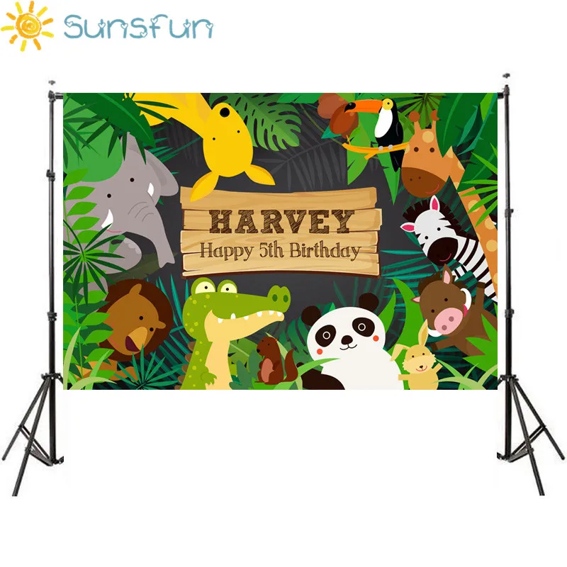 Sunsfun 7x5 футов мультфильм день рождения фотографии фоны Животные Прекрасный новорожденный дерево персональный настроить имя возраст Фотостудия