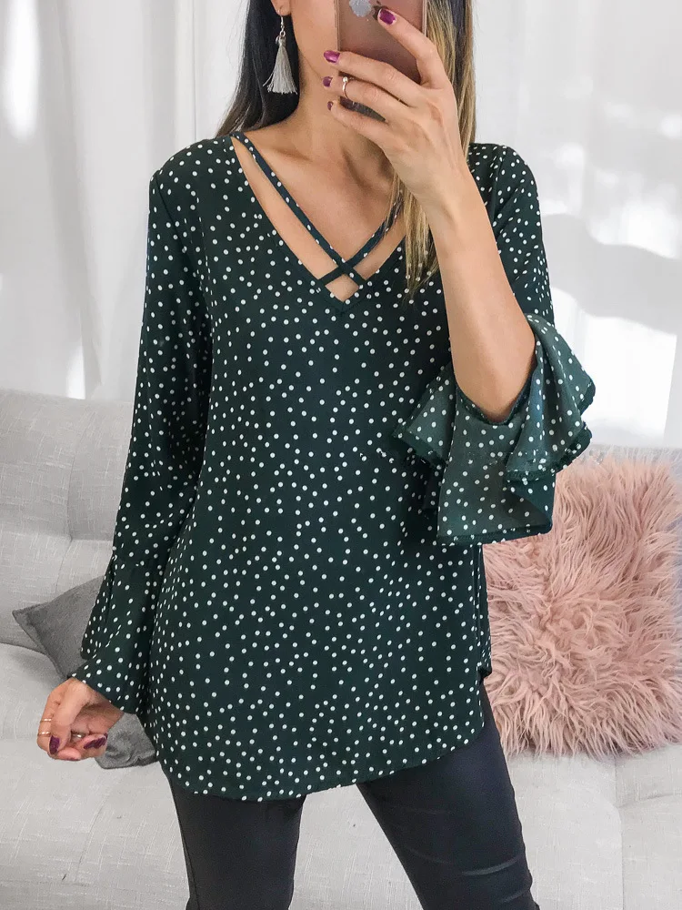 Daylook V шеи крест в горошек баски Топы Для женщин Повседневная flare Длинные рукава