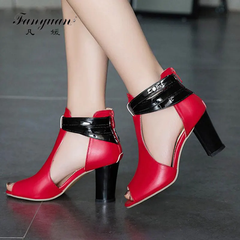 

fanyuan Sexy Women ankle boots high heel hollow out suqre heel Wedding bride shoes summer dress shoes black red plus size