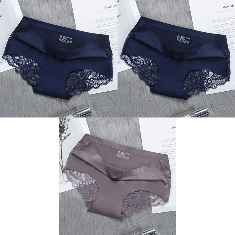 blue blue grey BZEL 3 шт./лот женские сексуальные трусики дышащие Прозрачные Нижнее белье, кружевные трусики Для женщин шелковистые бесшовные трусики 5 Цвета - Цвет: blue blue grey