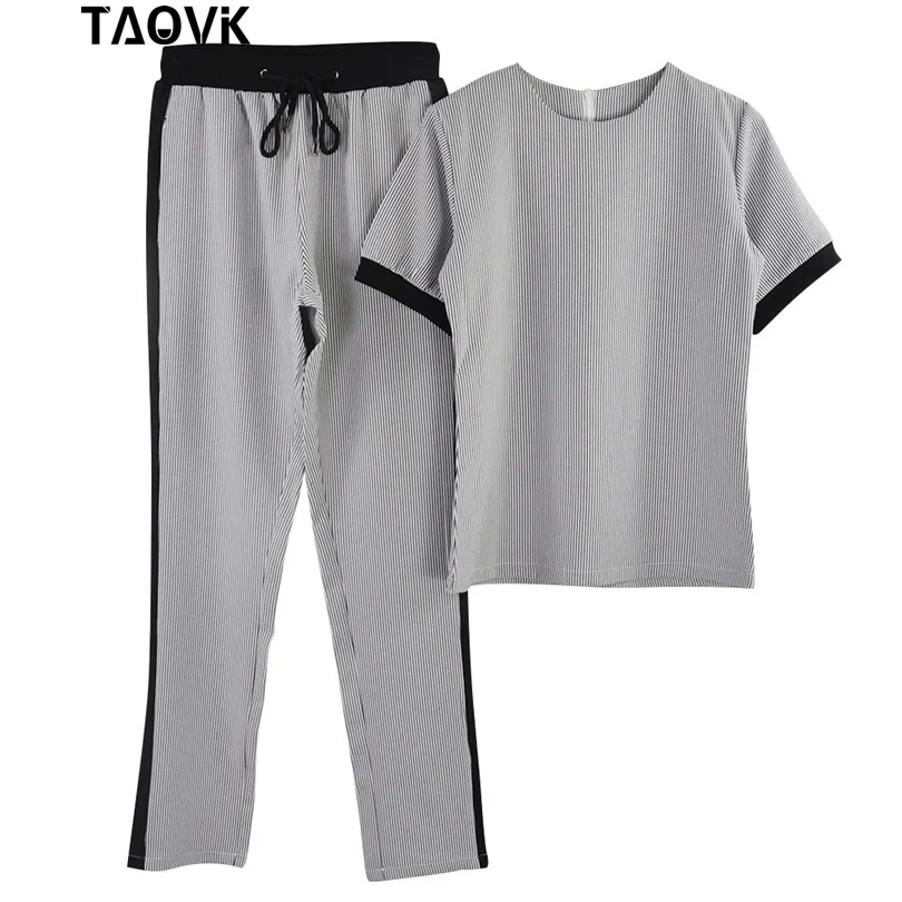 Женский костюм-двойка TAOVK, серый/черный костюм с приталенным топом с короткими рукавами и брюками, спортивный костюм с футболкой и брюками