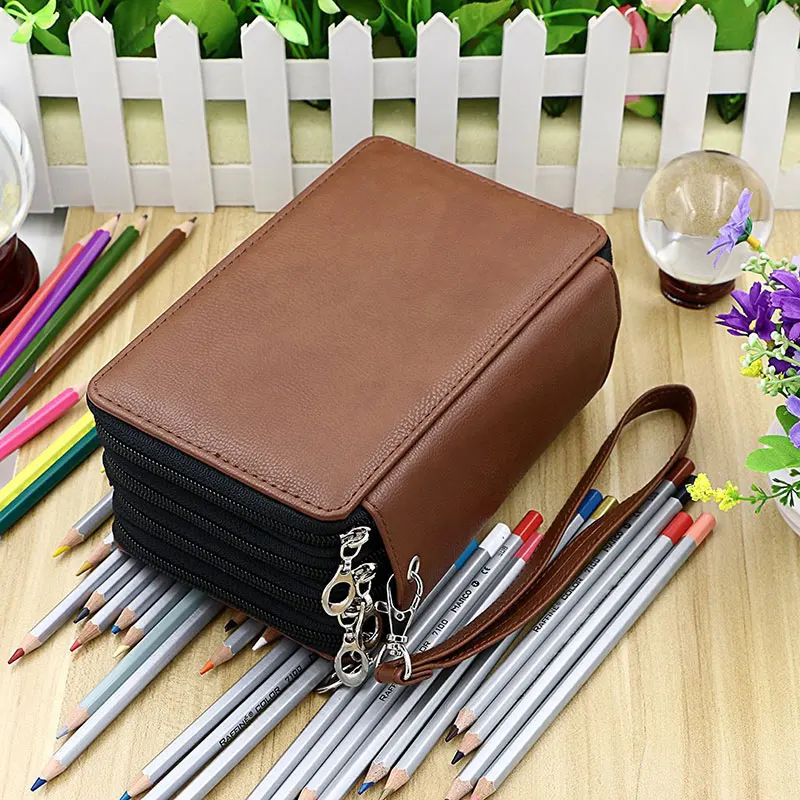 Brown 72 держателя, 4 слоя, удобные, из искусственной кожи, школьные карандаши, чехол, большая емкость, цветные карандаши, сумка для студентов, подарок, товары для рукоделия - Цвет: Brown