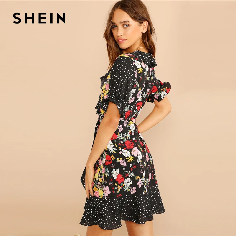 SHEIN многоцветное платье в горошек с оборками и цветочным принтом, женское элегантное платье с v-образным вырезом и рукавами-воланами, однотонные короткие цельнокроеные платья