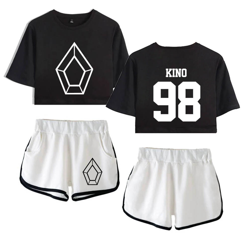 Hot Pentagon YED ONE 96 Exposed Navel white t shirt +black shorts women's two-piece sets Fashion suit | Женская одежда