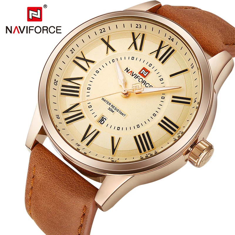 NAVIFORCE Брендовые мужские кожаные Золотые спортивные часы модные римские