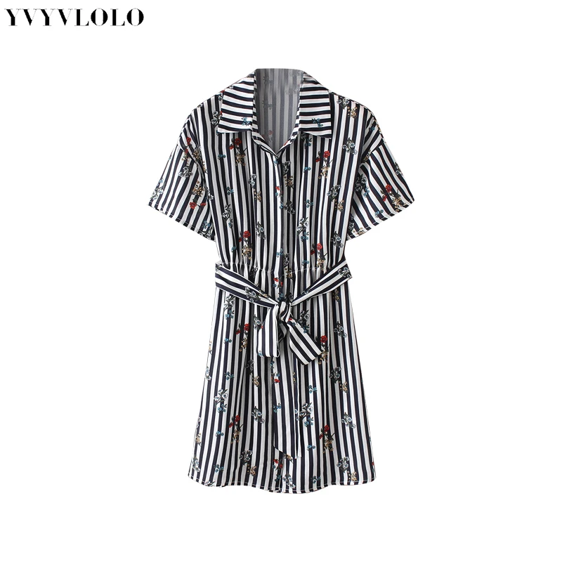 Women shirt style short dress 2019 Flower print stripe spring summer vestidos Belt decoration casual A-line | Женская одежда