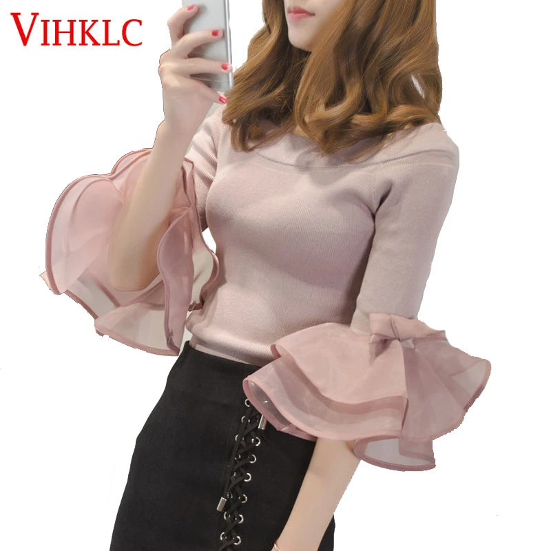 Vihklc Новая Женская Осенняя футболка С симпатичным бантом рукав фонарик вязать с