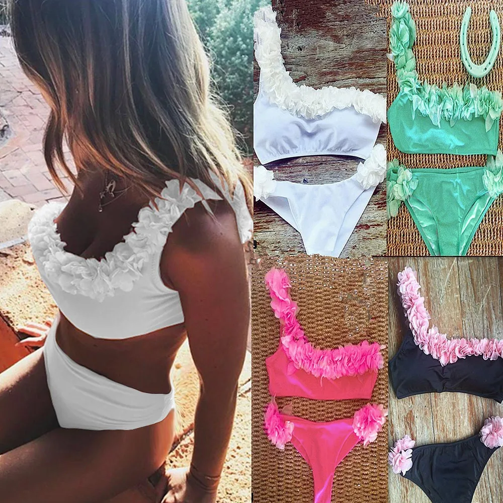 Женский комплект из двух предметов с объемным цветком купальник открытой спиной|