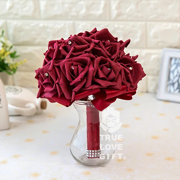 wine red Дизайн романтические розы цветы Пена лента кристалл букет Искусственные цветы для свадьбы свадебные букеты подружки невесты украшения - Цвет: wine red