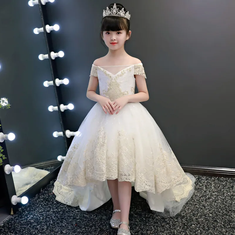 

Kids Girls Luxury Royal Birthday Evening Party Princess Lace Dress With Long Tailing Girls Pageant Dress Birthday Catwalk Show