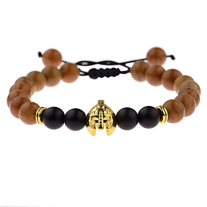 ABK007-4 OIQUEI модный тренд Спартанский шлем мужской браслет черный Природный лавовый камень плетеные браслеты Pulseira Masculina ABK007 - Окраска металла: ABK007-4