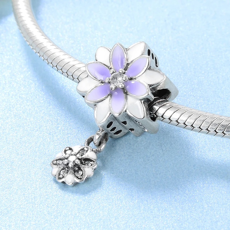 Хот 925 серебряный подвеска Фиолетовые цветы цирконовые бусины Подходят для оригинального европейского браслета из подвесок Ювелирные изделия