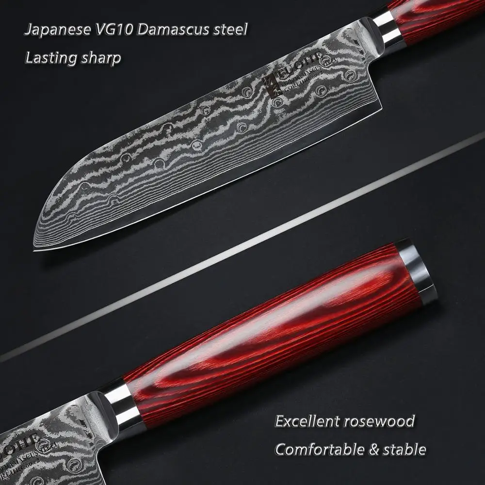 TUOHE 7 дюймовые ножи шеф повара для нарезки дамасской стали 67 слоев нож Santoku VG10