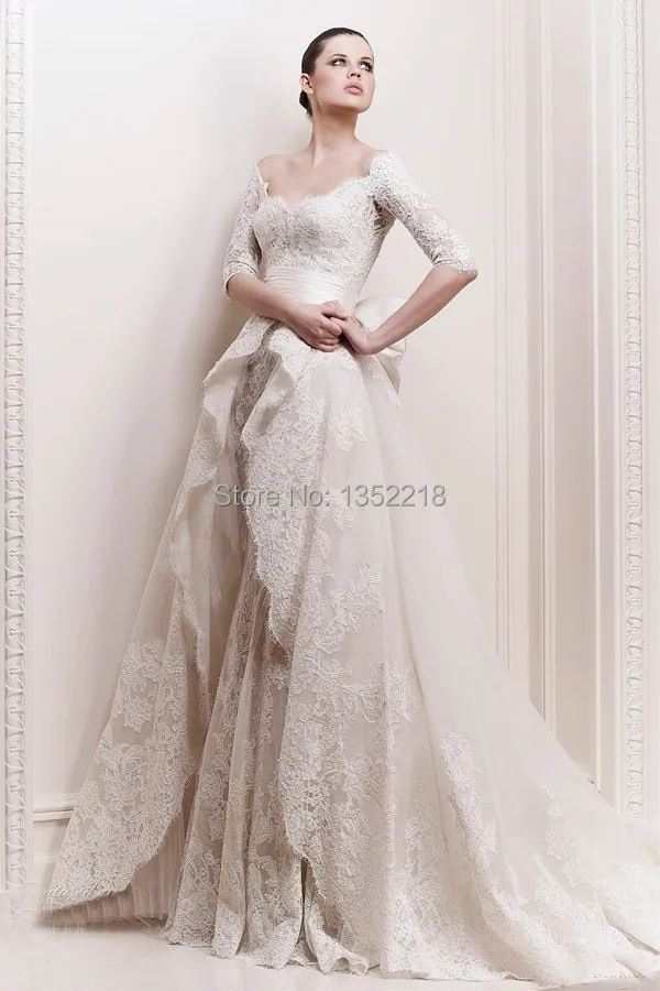 2015 Handmade V Neck Long Sleeve Zuhair Murad Wedding Dresses with Bow vestidos de noivas Sexy Bridal Gowns China LHX04123 | Свадьбы и