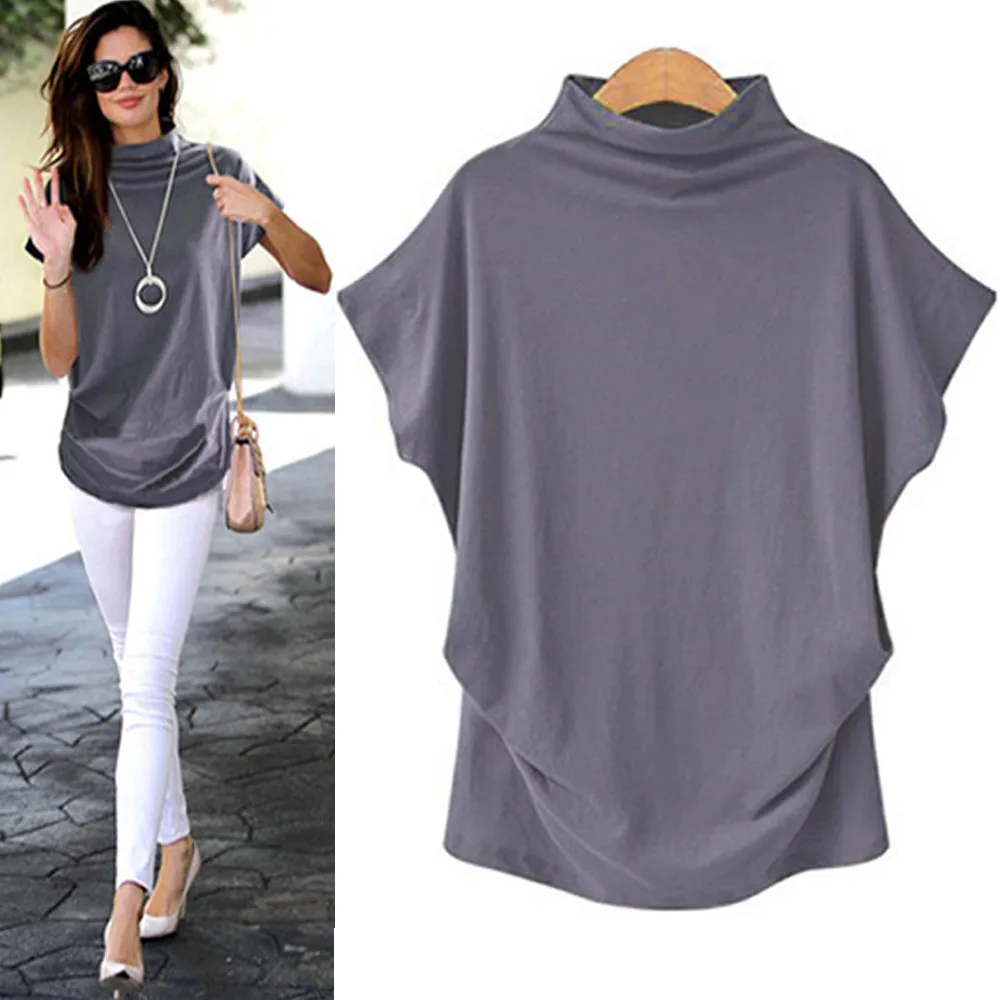 

Women Turtleneck Short Sleeve Cotton Solid Casual Blouse Top Shirt Plus Size Roupas Femininas Футболка Оверсайз Summer Clothes