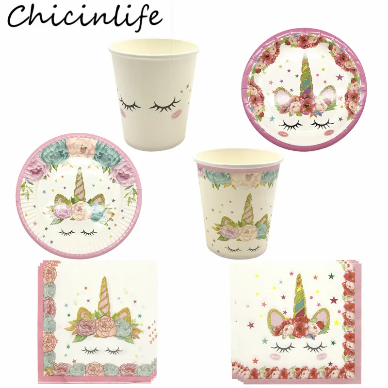 Chicinlife Единорог тема вечерние бумажные стаканчики и тарелки/салфетки одноразовые столовые приборы набор попкорн коробка Свадьба День рождения принадлежности
