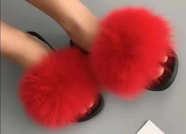 red FXFURS/Новинка года; женские тапочки с натуральным лисьим мехом; летние модные меховые сандалии; обувь из пушистого плюша; Вьетнамки с мехом енота; Домашние шлепанцы - Цвет: red