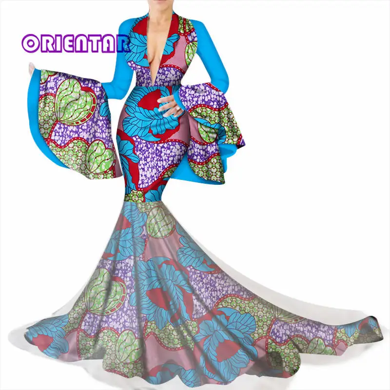 Flare Sleeve African Dresses for Women Bazin Riche Sexy Deep V-neck Long Wedding Party Dress Traditional African Clothing WY3449