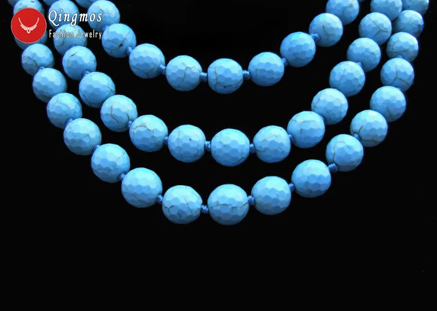 Qingmos натуральная бирюза ожерелье для женщин с 3 нитями 10 мм синий круглый граненый