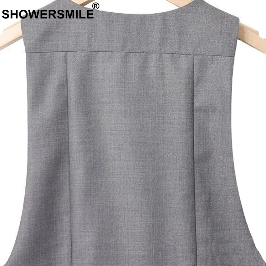 SHOWERSMILE-серый жилет размера плюс без рукавов Женский Осенний Приталенный жилет с карманами Модный женский костюм жилет Chalecos Mujer