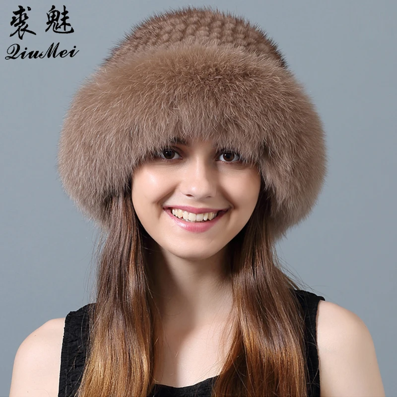 Женская трикотажная Шапка бини с отделкой из натурального меха норки|mink fur hats|fur