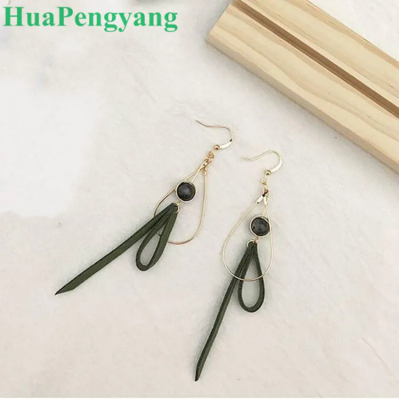 Модные женские сережки с подвеской, зеленые кожаные серьги с подвеской из бисера, золотые серьги, серьги-подвески для женщин, серьги для свадьбы