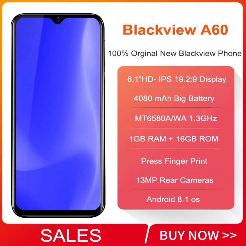 Смартфон Blackview A60, аккумулятор 4080 мАч, 19,2: 9, 6,088 дюйма, 1 ГБ ОЗУ, 16 Гб ПЗУ, мобильный телефон, камера 13 МП+ 5 МП