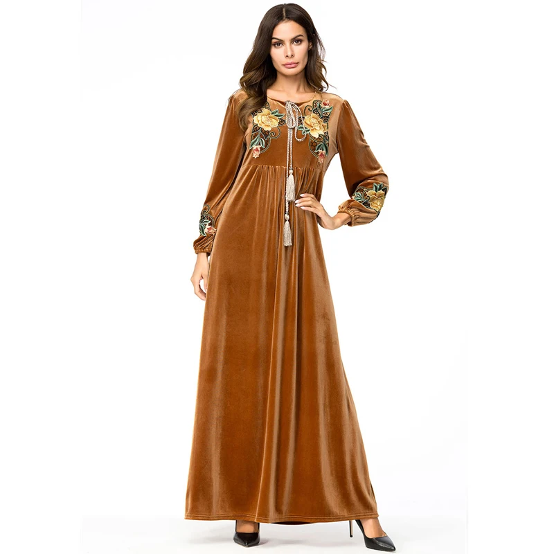 Vestidos кафтан арабский абайя Дубай бархат хиджаб с вышивкой мусульманское платье