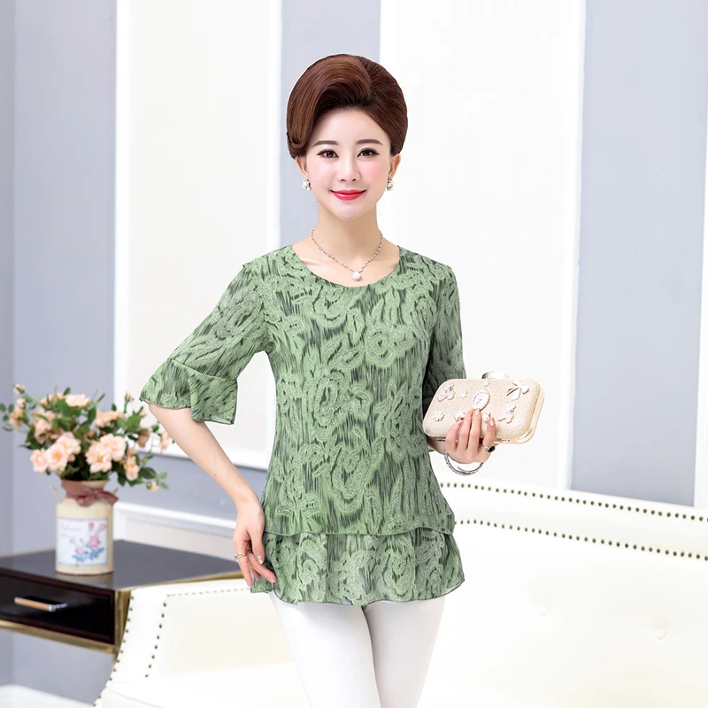 

2019 summer chiffon shirt short-sleeved middle-aged women's clothing fashion woman blouses New Chiffon Blouse Blouses Shirt