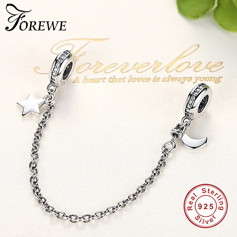 FOREWE Аутентичные стерлингового серебра 925 Stackable Луна Звезда Висячие цепи безопасности Шарм fit Шарм ювелирный браслет сделай сам