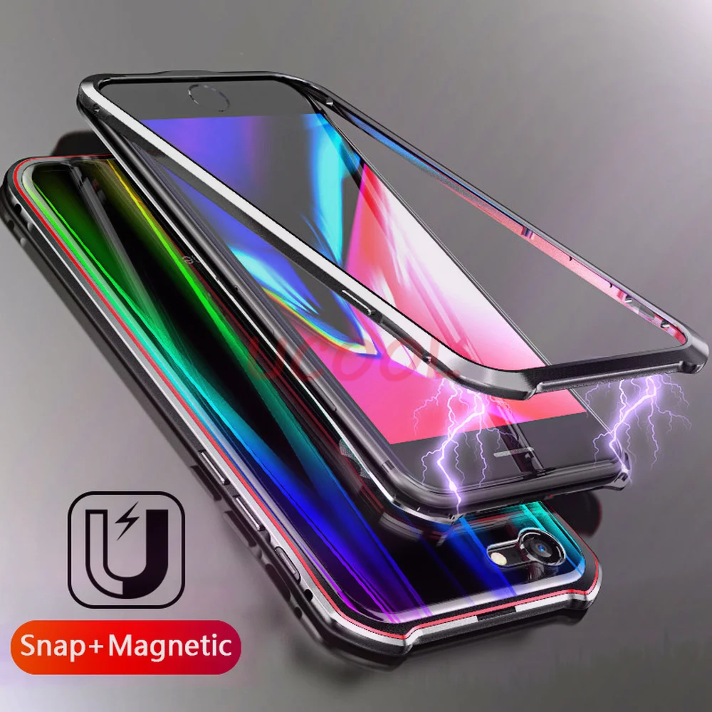 Роскошные Лазерная Аврора Красочные Магнитные Кнопки чехол для iphone 7 iphone 8 7 plus X крышка магнита металлический бампер с закаленное стекло
