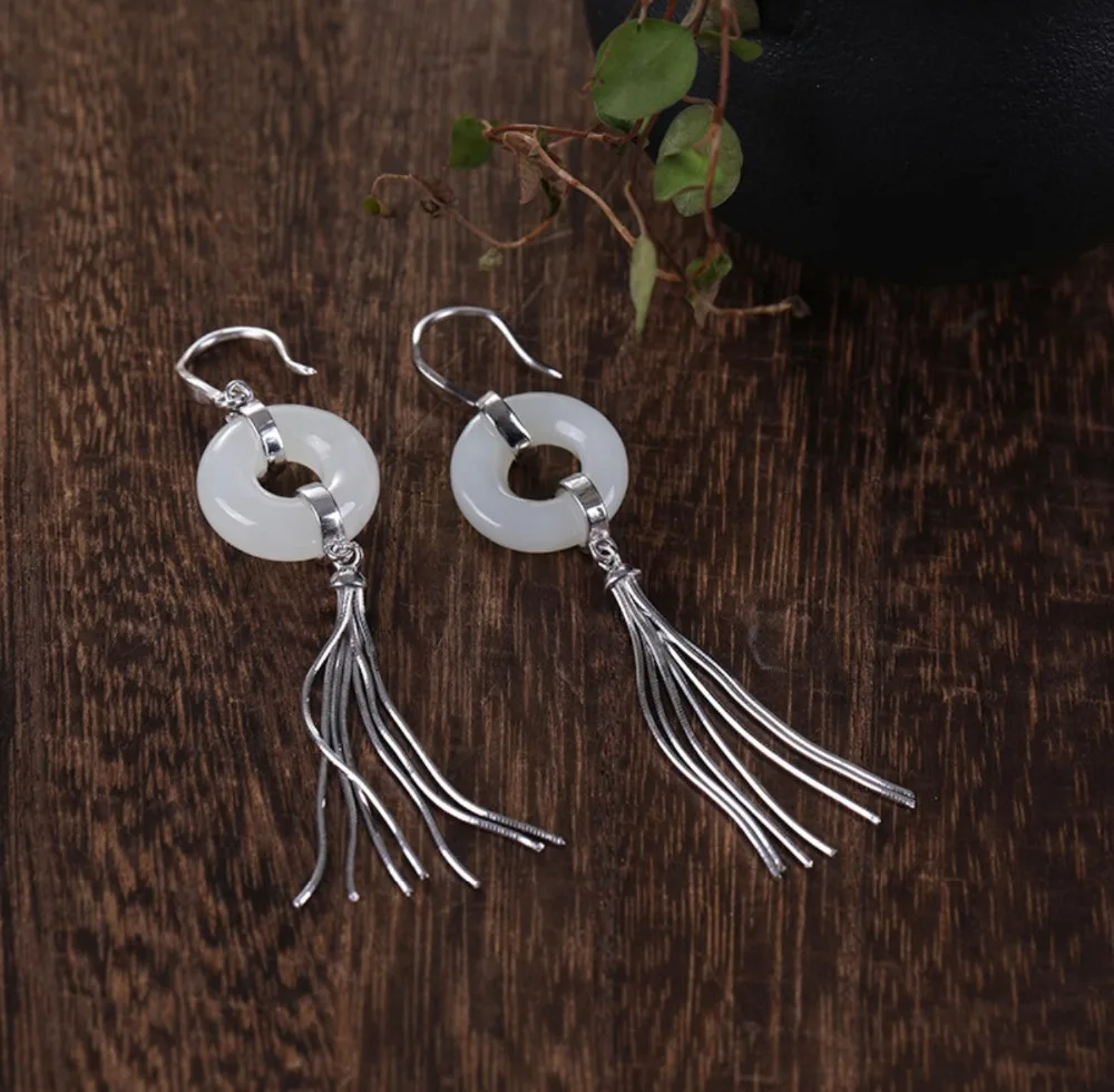 S925 Sterling Silver Hetianbaiyu Female Ear Ornaments Restore Style Peace Buckle Tassel High-end Temperament Free | Украшения и